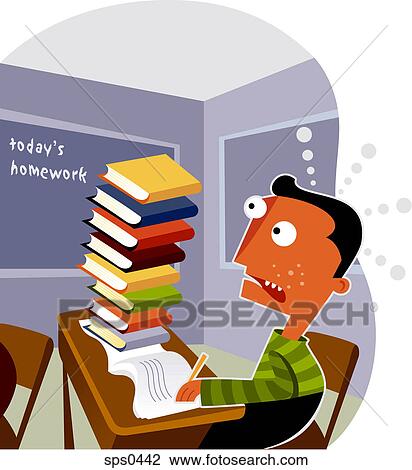 Drawing - A boy looking at a big stack of homework on his desk. Fotosearch