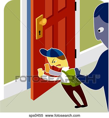 A boy pushing the door closed View Large Illustration Stock Illustration - A boy pushing the door closed. Fotosearch