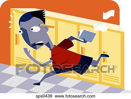 Stock Illustration - A boy running in the school hallways. Fotosearch