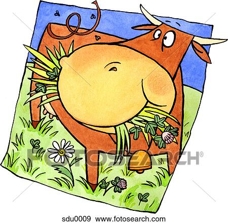 Stock Illustration - A cow eating grass in a pasture. Fotosearch