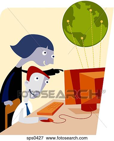 Stock Illustration - A librarian helping a student to search for information on the computer. Fotosearch
