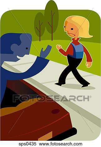 A little girl walking away from a stranger View Large Illustration Stock Illustration - A little girl walking away from a stranger. Fotosearch