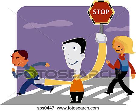 Stock Illustration - A man holds up a 'Stop' sign at a crosswalk to let children cross the road. Fotosearch