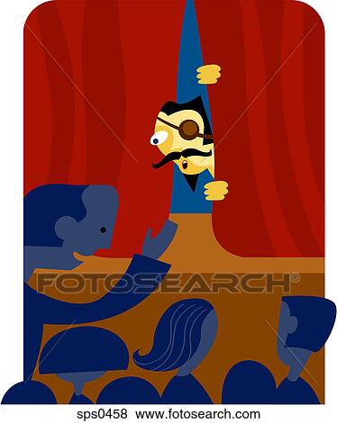 Stock Illustration - A man sticking his head out of a curtain on stage. Fotosearch