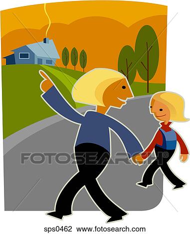 Drawing - A mother and daughter walking home hand in hand. Fotosearch