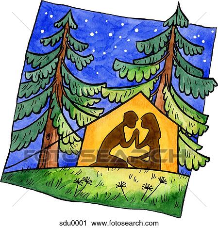 A painting of a couple camping in a tent under the stars View Large Illustration Clip Art - A painting of a couple camping in a tent under the stars. Fotosearch