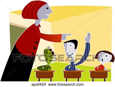 Stock Illustration - A teacher and three students in a classroom. Fotosearch
