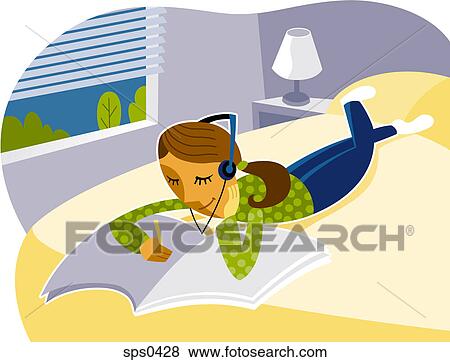 Stock Illustration - A teenage girl listens to music while doing her homework. Fotosearch