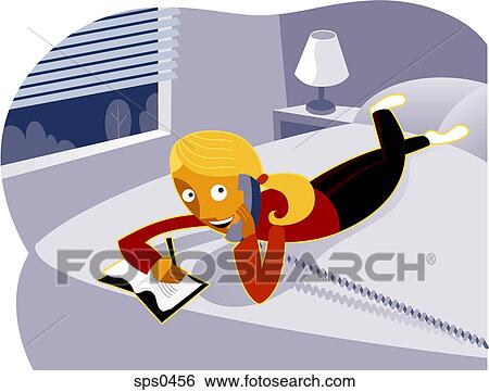 A teenage girl talks on the phone while lying down on the bed and doodling View Large Illustration Stock Illustration - A teenage girl talks on the phone while lying down on the bed and doodling. Fotosearch
