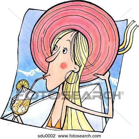 Drawing - A woman in a bikini and sun hat sipping a drink in the sun. Fotosearch