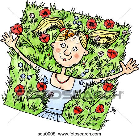 Stock Illustration - A woman lying in a field of wild flowers with a butterfly in her hair. Fotosearch