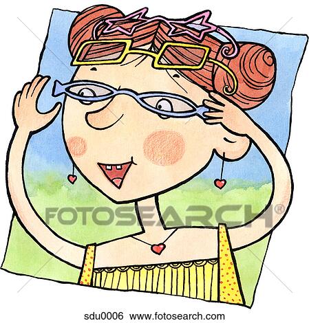 A woman trying on three different pairs of glasses View Large Illustration Stock Illustration - A woman trying on three different pairs of glasses. Fotosearch