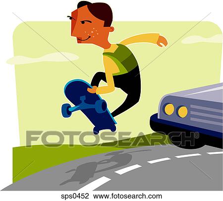 A young boy skateboarding on the street View Large Illustration Drawing - A young boy skateboarding on the street. Fotosearch