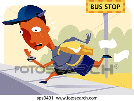 Clip Art - An illustration of a young schoolboy late for the bus. Fotosearch