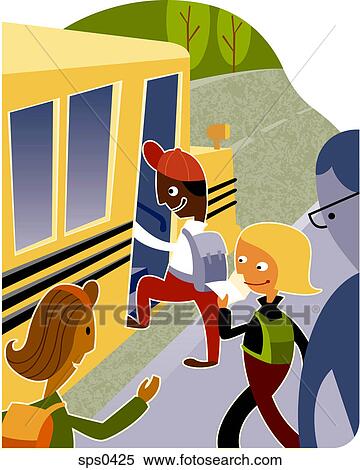 Stock Illustration - Children getting on the school bus. Fotosearch
