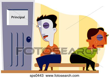 Drawing - Two boys, each with a black eye, wait outside the principal's office. Fotosearch