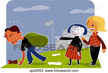 Drawing - Two girls laughing at a boy doing garbage duty. Fotosearch