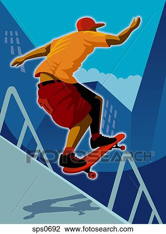 Drawing - A boy performing a skateboarding trick. Fotosearch