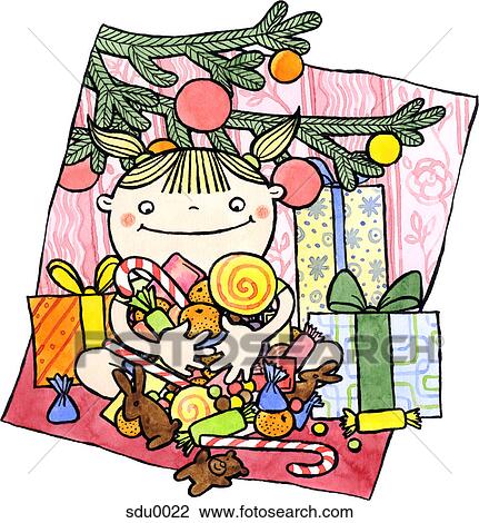 Drawing - A girl sitting with gifts under the Christmas tree holding an armful of candy. Fotosearch
