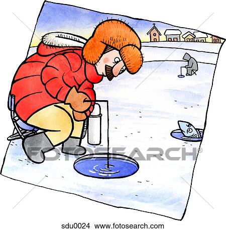 Stock Illustration - A man ice fishing. Fotosearch