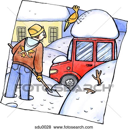 Stock Illustration - A man shoveling snow in his driveway. Fotosearch