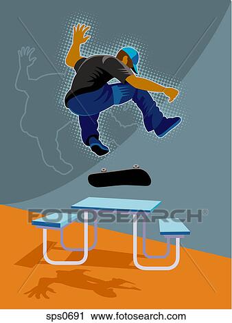 Clip Art - A man skateboarding over a picnic table. Fotosearch