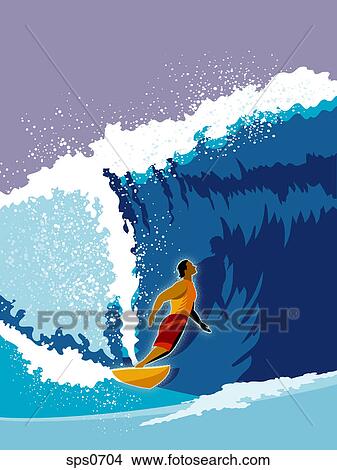 Stock Illustration - A man surfing a giant wave. Fotosearch
