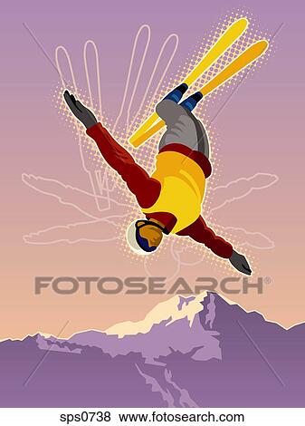 A skier performing a difficult trick View Large Illustration Stock Illustration - A skier performing a difficult trick. Fotosearch