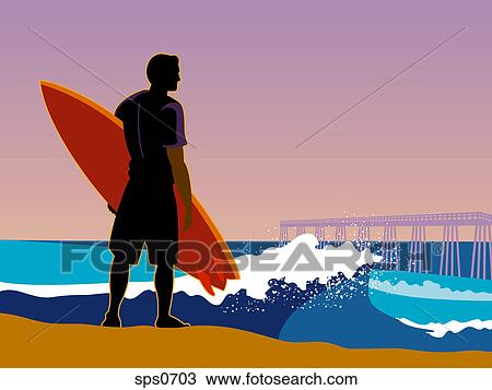 Drawing - A surfer on the beach looking at the waves. Fotosearch