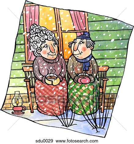 Stock Illustration - An old couple having cocoa together on a porch. Fotosearch