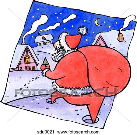 Clip Art - Santa Claus walking towards houses holding a big sack of toys. Fotosearch