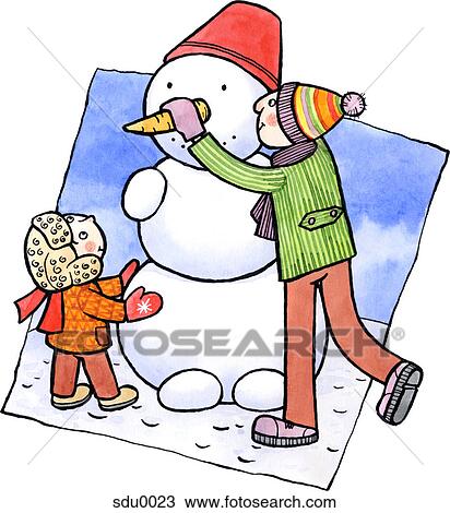Two boys building a snowman View Large Illustration Drawing - Two boys building a snowman. Fotosearch