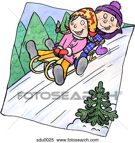 Two children sledding down a hill View Large Illustration Stock Illustration - Two children sledding down a hill. Fotosearch