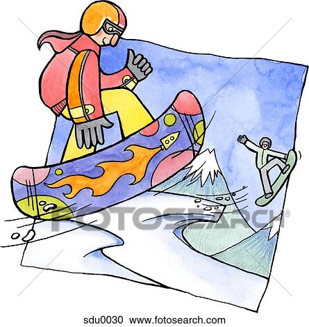 Clipart - Two people snowboarding. Fotosearch