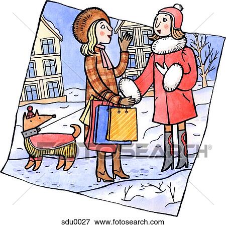 Stock Illustration - Two women talking in the snow. Fotosearch