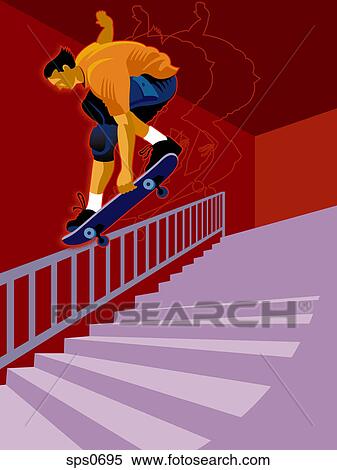 Stock Illustration - A boy skateboarding down a railing. Fotosearch