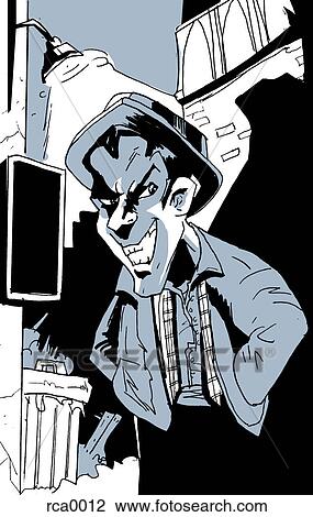 Drawing - A devious man in a back alley. Fotosearch