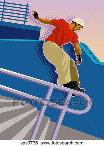 A in-line skater sliding down a railing View Large Illustration Stock Illustration - A in-line skater sliding down a railing. Fotosearch