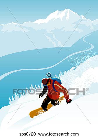 A man snowboarding down a mountain View Large Illustration Clipart - A man snowboarding down a mountain. Fotosearch