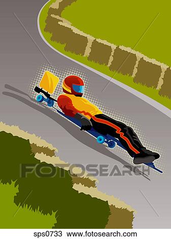 A street luger riding a luge board down the road View Large Illustration Drawing - A street luger riding a luge board down the road. Fotosearch