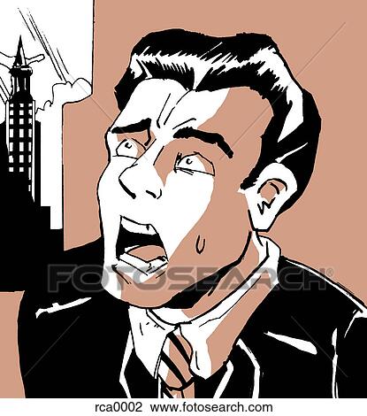 Drawing - A terrified business man with his mouth open in shock. Fotosearch