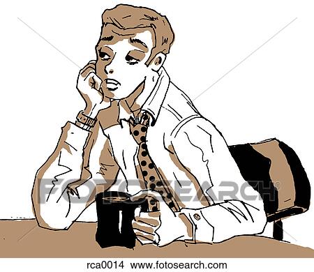 Stock Illustration - A tired businessman falling asleep at his desk with a cup of coffee. Fotosearch