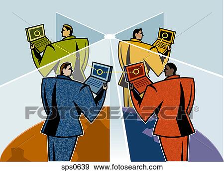 A group of men using a file sharing network View Large Illustration Stock Illustration - A group of men using a file sharing network. Fotosearch