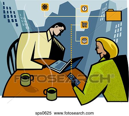 Stock Illustration - A man is working while a woman surfs the internet on her cell phone. Fotosearch