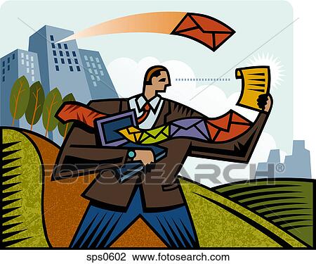 A man receiving emails while working out of office View Large Illustration Drawing - A man receiving emails while working out of office. Fotosearch