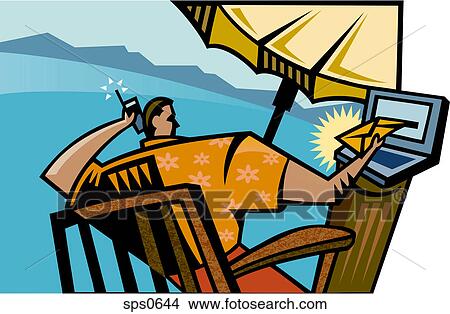 Stock Illustration - A man sending email from afar. Fotosearch