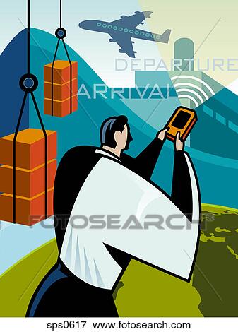 A man using a PDA to check the departures and arrivals of goods View Large Illustration Stock Illustration - A man using a PDA to check the departures and arrivals of goods. Fotosearch