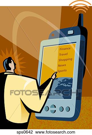Drawing - A man using a personal data assistant. Fotosearch