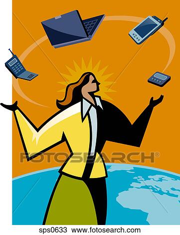 A woman juggling with different types of technology View Large Illustration Drawing - A woman juggling with different types of technology. Fotosearch