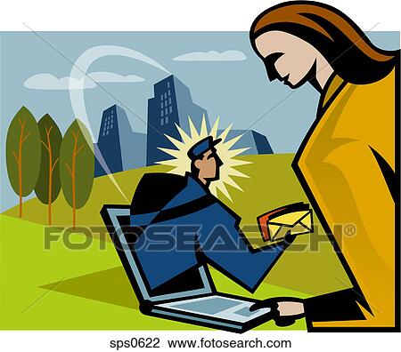 A woman receiving an email delivery View Large Illustration Drawing - A woman receiving an email delivery. Fotosearch
